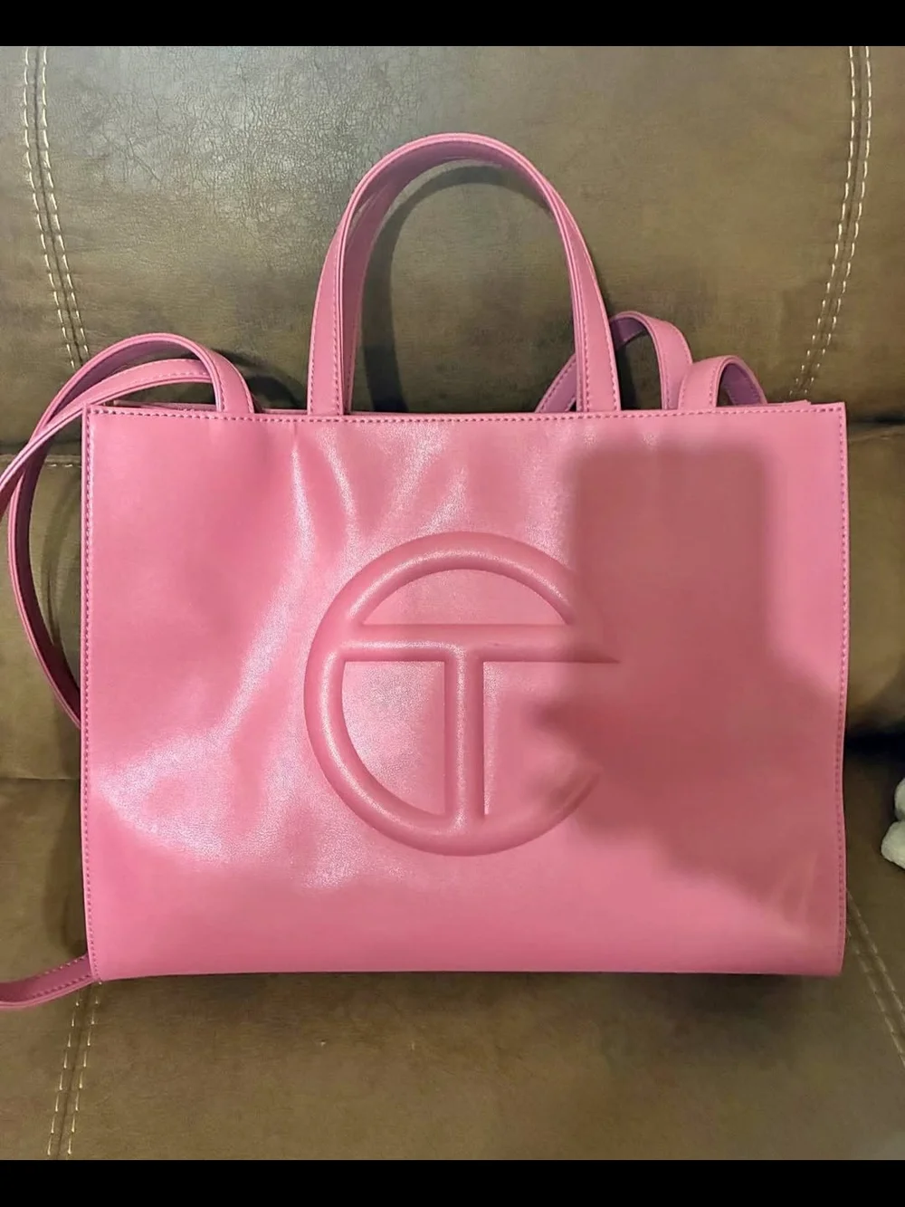 Pink Leather Tote Bag with Embossed Logo
